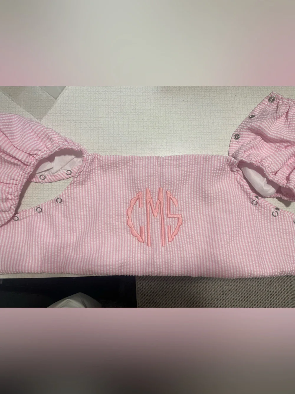 Pink Seersucker Monogramed CMS puddle jumper cover